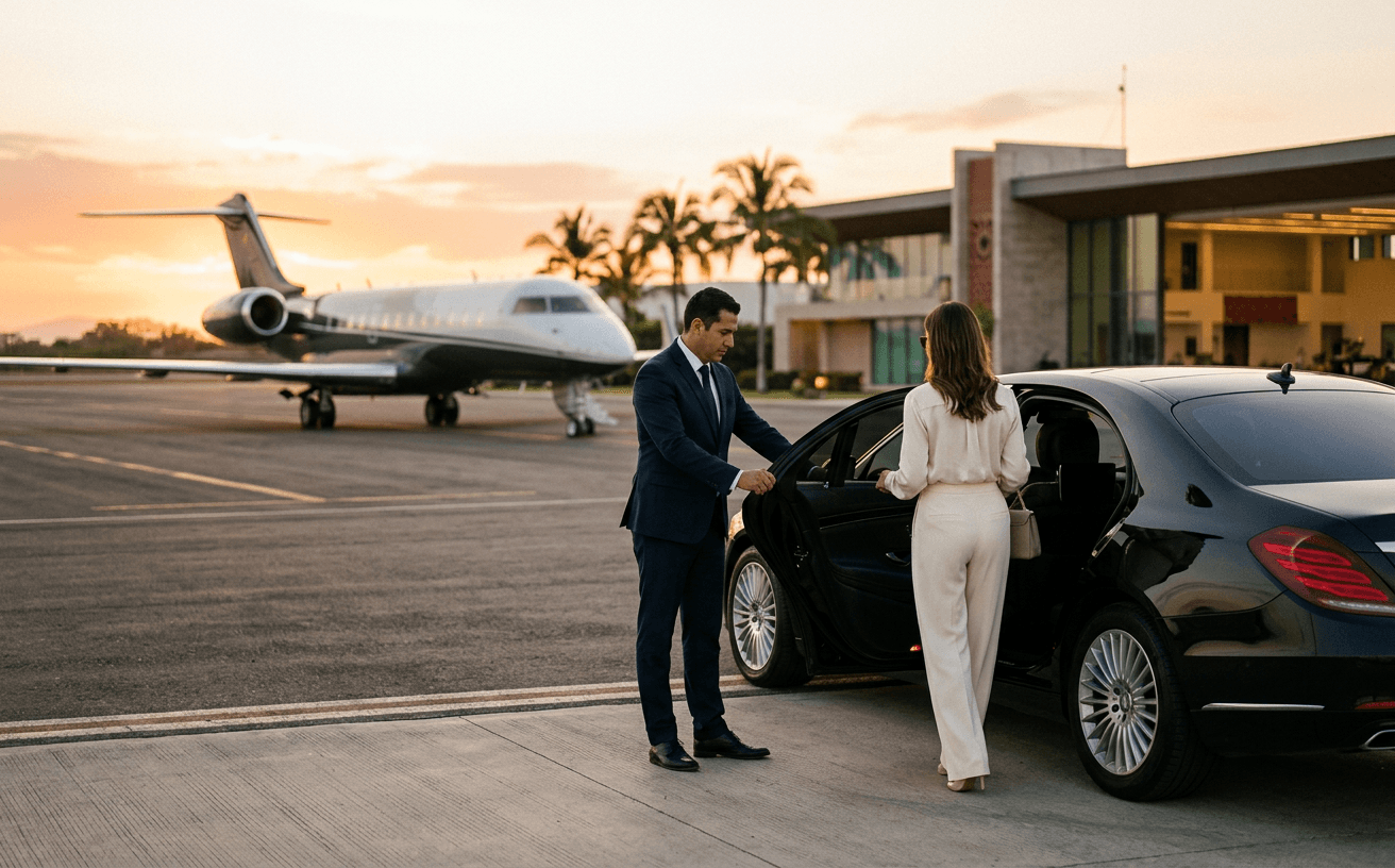 A concierge opening the door of a private car for an arriving guest at golden hour