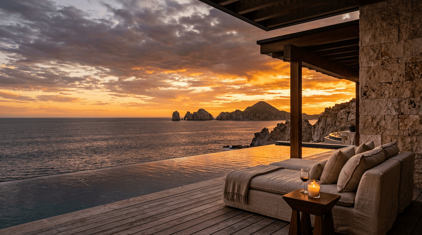 The Pacific coastline of Mexico at dawn seen from a quiet terrace