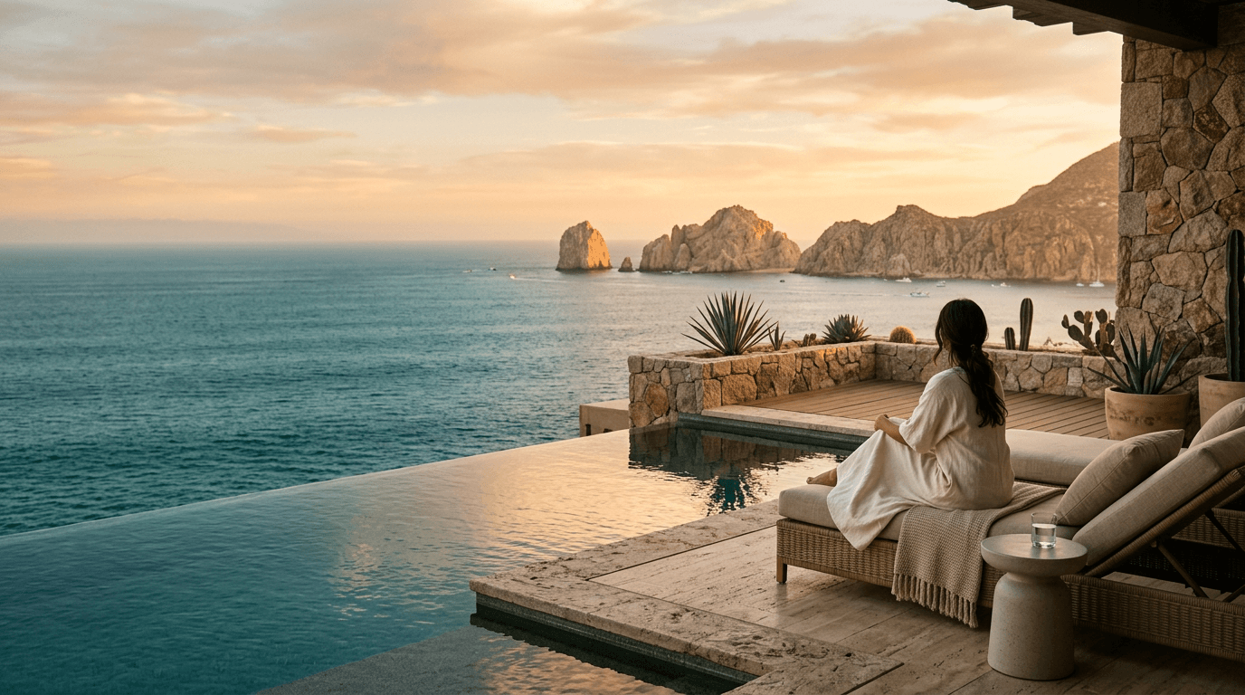 A patient resting on a private terrace above the sea at golden hour
