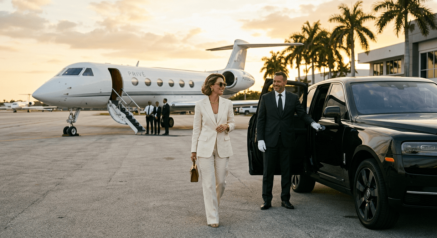 A concierge welcoming a guest beside a private car
