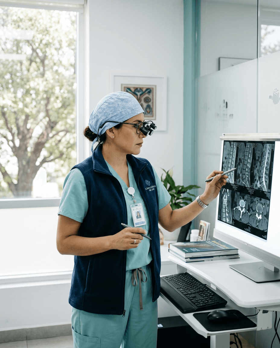 A specialist reviewing imaging in a calm consultation room